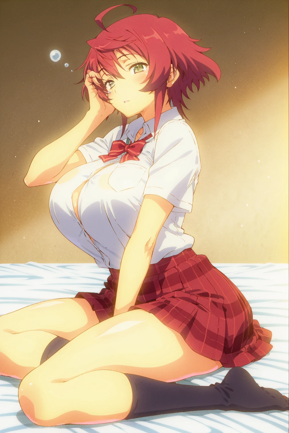 ((Beautuful Women)),(normal breast:1.6),(((deep in the night))),(((detail portrayal))),(((bright orange short hair:1.6))),(((Wavy Hair))),((Red headband)),(((a small face))),(((Bangor Head becomes difficult to see))),(((Light brown eyes))),(masterpiece)), (((drooing eyes))),((top-quality)),((Vivid light and shadow depiction)), (The ultra-detailliert), ((kawaii)), (((Toned body))),(((cute little))),(((Beautiful body lines))), (Detailed body line depiction), ((detailed face depiction)),((ighly detailed)), (8K), top-quality, (Beautiful fece),(((World-class quality))), ighly detailed, hight resolution,(((Anime filling))),(((de pele branca))),(((She is wearing a white cut shirt with an open neckline.))),(((White bra))),(((Show breasts))),(((Red plaid skirt))),(((Red ribbon and white panties))),(((Detailed depiction of panties))),(((Pull up your skirt, show your panties and smile))),(((Composition seen from the front))),(((composition seen from below))),(((open one's legs:1.6))),(((Luxury hotel rooms))),(((Sitting in bed))),(((pubick hair))),