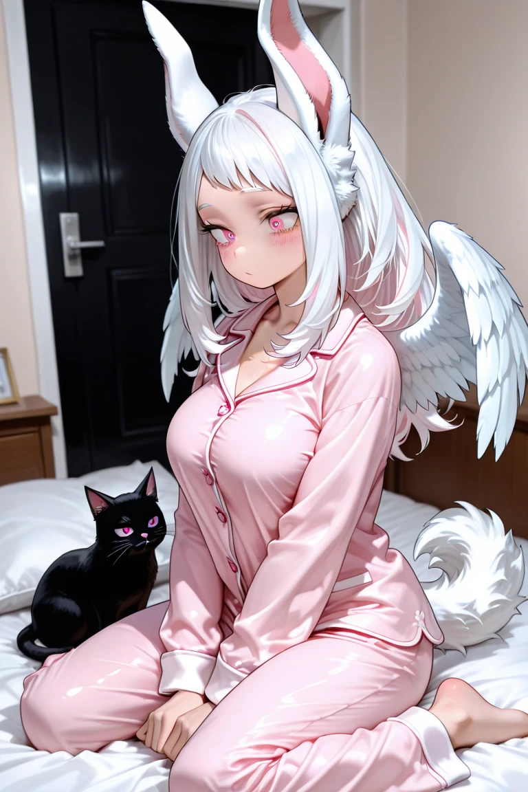 Artistic Lines, Cute Young Anime Girl, Wearing Pink Opaque Nylon Sweater, With Short Silk Puffy Skirt. Sitting on bed, With Legs Crossed wearing ((clean white Pantyhose)), Green Eyes, (Happy Mouth opened with tongue out). ((Pale Skin and face.)) (One Hand Caressing her own leg) Curly Twin Tails Hair. Cat Ears And Tail. Angel Wings. Full-Body View. looking at viewer. ((No extra leg)). Solo girl. Pointed feet. (No extra arms.)