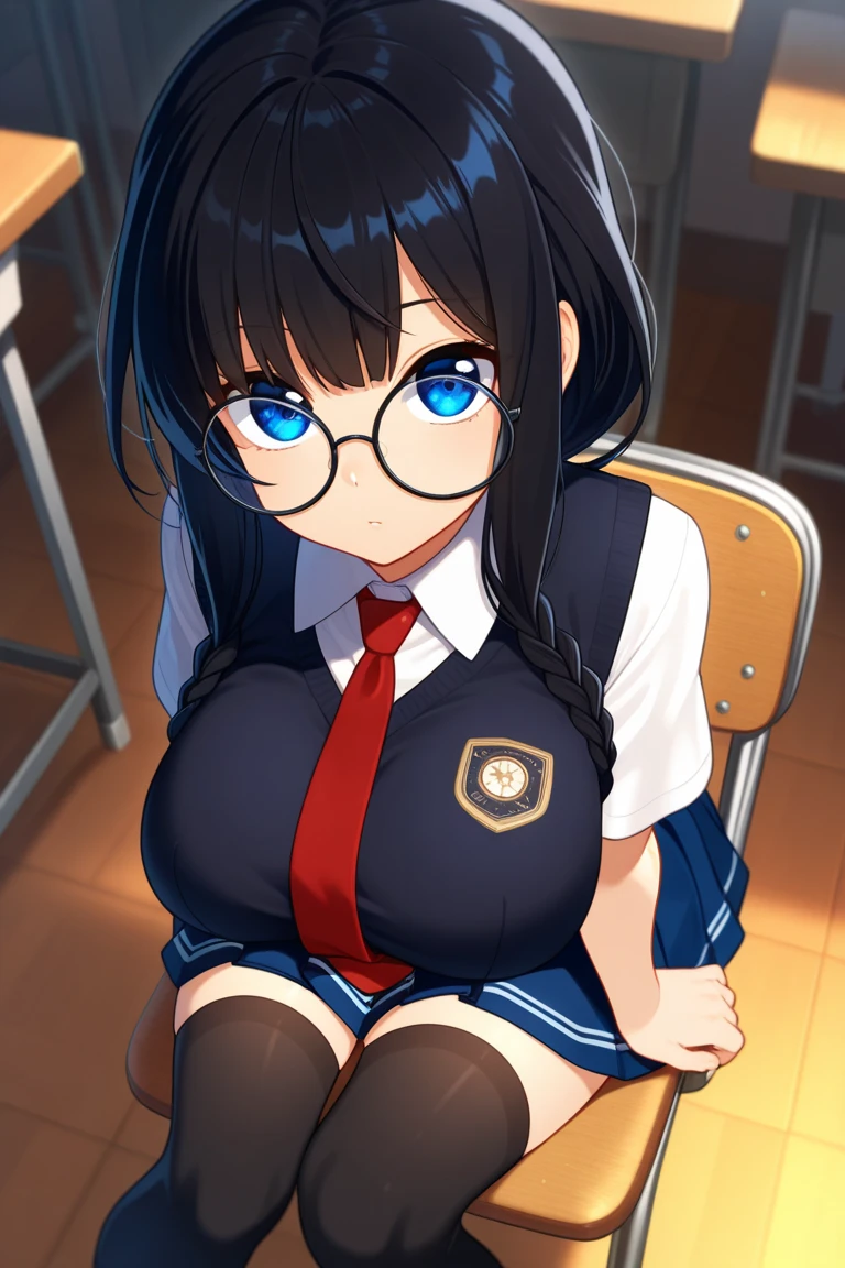 masterpiece,highest quality,wonderful,finely,High resolution,1 girl, big breasts,(denim skirt:1.3), black hair, glasses, green eyes,twin tails,full body