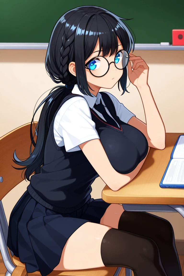 1girl,alone,sumireko sanshokuin,masterpiece,best quality,anime screenshot,black hair,blue eyes,black glasses,long hair,school,library,sitting at desk,good lighting,white shirt,open shirt,black bra , blue skirt, short skirt, embarrassed, seductive, smiling, closed mouth, sexy body, big breasts, medium waist, medium thighs, round butt, looking at the viewer, from the front, pov (from above)