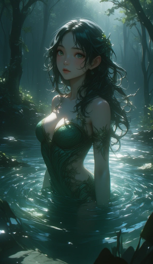 ((masterpiece, best quality)), Epic battlefield atmosphere,Delicate face,goddess,forest,whole body,Standing picture,glowing green eyes,Large Breasts,Gradient white long wavy hair,Perfect body proportions,Pure white background,firefly,Water Ripples,Lace,Transparent sex bikini,whip,chain
