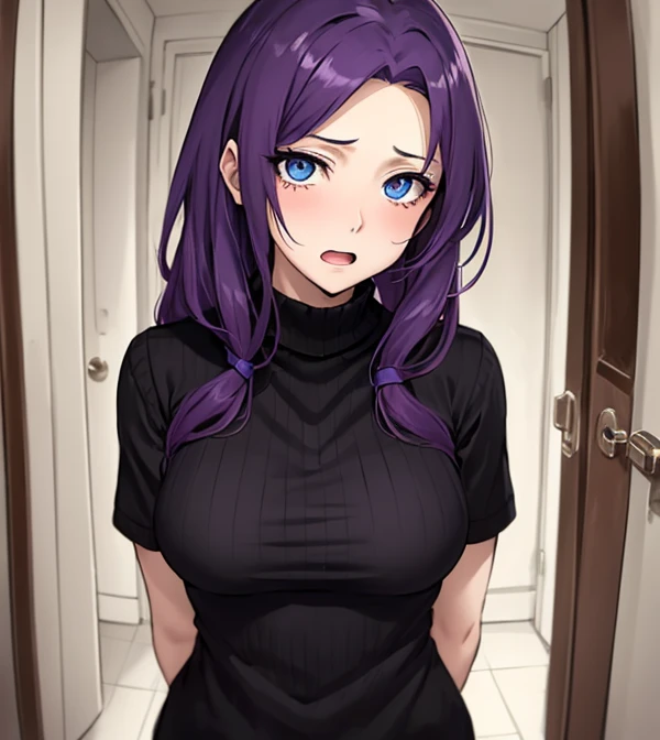 1girl, Dia Song:1.4, sitting on a chair, looking at viewer, arms up, from above, office lady, see-through, pantyhose, white suit, long hair, hair over shoulder, black choker, uncensored <lora:KingdomStyle_v3.2:1>