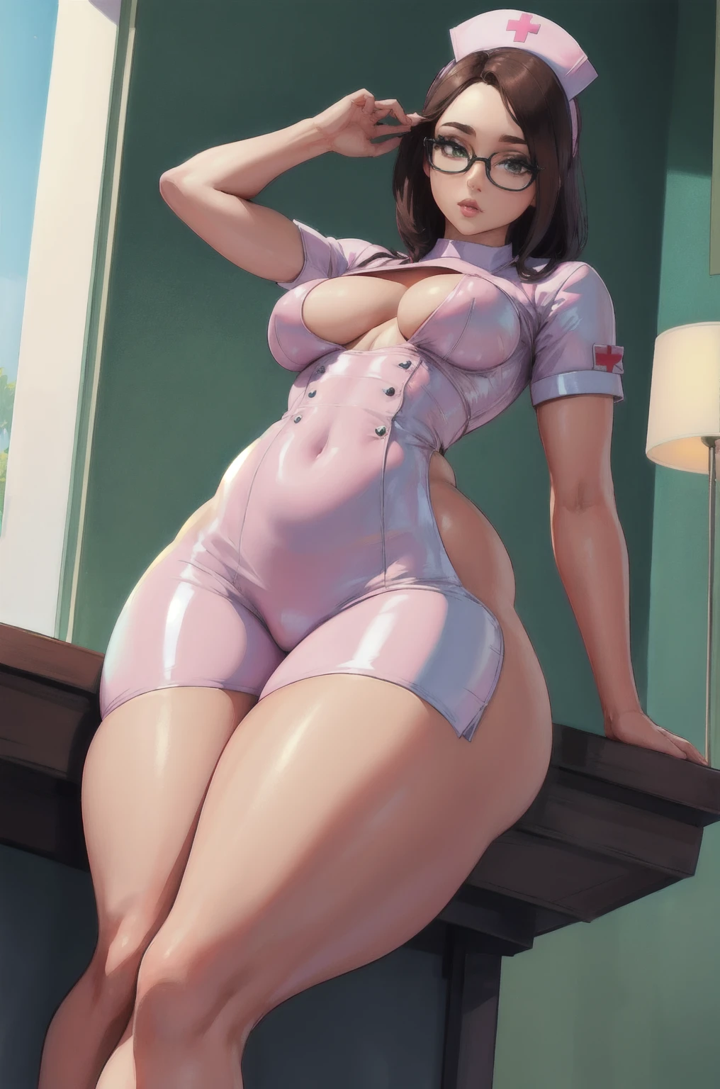 nsfw,(((1girl))),masterpiece,best quality,masterpiece, ultra quality, high quality, beautiful detailed glow,film Reflection,(plump thighs:1.3),((Voluptuous,glamorous,Chubby,thicc,curvy,Leggy,Tall,hanging breasts,1 grandma)), (public hair:1.7),(((Pubic hair shows through))),(((nipple shows through))), (open legs:1.5),((squatting,spread legs,m legs,arms behind back)),(upturned eyes:1.5),
((Wearing a grid girl outfit with sponsor's logo printed, costume, uniform, race queen)),skirt suit,white thong, high heels,
Detailed beautiful eyes,looking at viewer,makeup, (full-face blush:1.2),(moody face:1.2),
on the bed,5 stars hotel,penthouse,giant modern window with view of Tropical Oasis, 