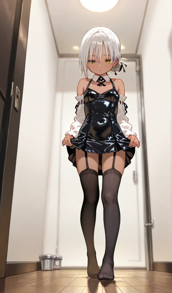 tmasterpiece,1girll,独奏,Cat ears,Double tail,hair on one eye,demon_Wings,little breast,Blue_Eyes,Be red in the face,with her mouth open,Low wing,((Torn stockings)),((standing on your feet))