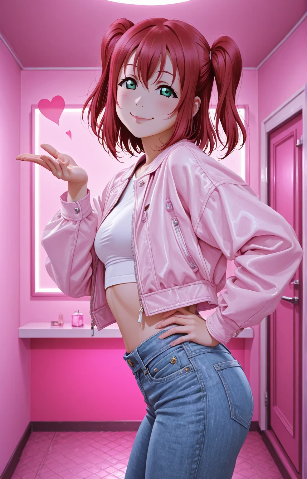 (masterpiece, best quality, SFW:1.2), oil painting, sharp focus, vivid color, subsurface scattering
BREAK
1girl, :<, grin, looking up,(cute, petite:1.2), flat_chest, wide hips, thighs, (pink hair, french braid, blunt bangs:1.2), (gainsboro eyes:1.2)
BREAK
(dark brown turtleneck, lace trim, microskirt, , hairpin)
BREAK
wide shot, arms behind back
BREAK
indoors, locker room