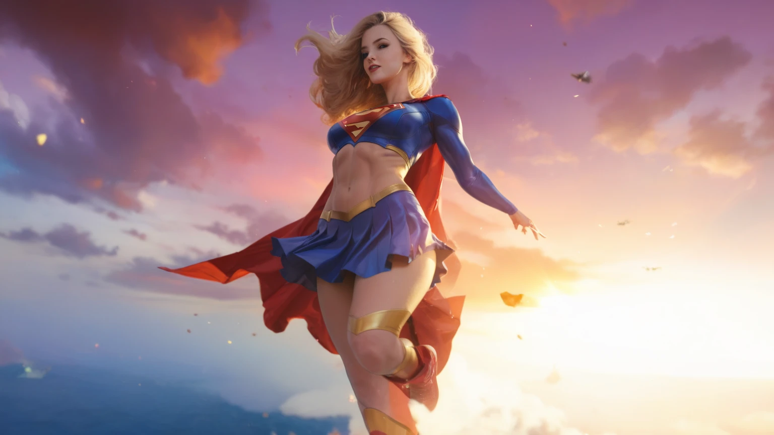 supergirl standing, back view, beautiful detailed eyes, beautiful detailed lips, blonde hair, extremely detailed face and body, long flowing hair, red and blue Supergirl costume, round ass, cape blowing in the wind, heroic pose, dramatic lighting, cinematic composition, vibrant colors, photorealistic, 8k, (best quality, masterpiece:1.2), (realistic, photorealistic:1.37)
