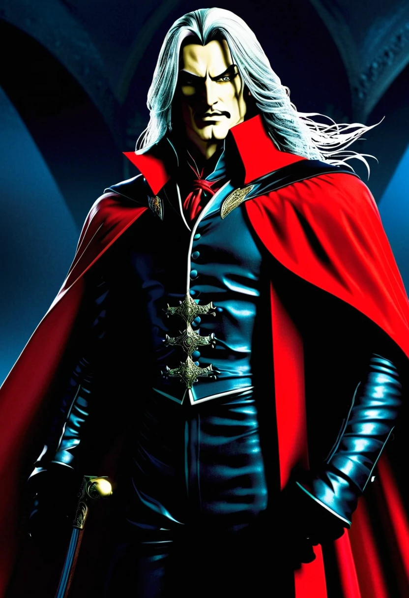1male people, Long white hair, Red eyes, (uncle_Shot:1.2), Face focus, Back shadow，Back view, side locks,collapse，Wearing a cape, He walked forward，It is surrounded by ruins，There is a terrifying tower ahead, Moonshine is blood-red，Overall cool tones，Moody, Darkness, ,, Dusty, Post-apocalypse,, masterful, Beautiful 8k wallpaper, Extremely detailed, iintricate，Broken clothes，High gloss，A skeleton mask is worn on his face
