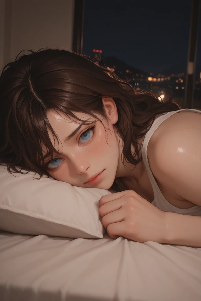 ((DVA from Overwatch)) without her mech, a woman with short brown hair in a (ponytail),she sits on her bed with her legs spread, high quality refelctions, volumetric lighting, she is wearing a ( ice white cropped loose fit t-shirt), the cropped shirt is hanging at the bottom as it is loose,  very short sleeves, in her bedroom on her bed, 1 girl solo, cinematic lighting, high resolution, physically-based rendering, 8k, volumetric lighting, hyperrealistic, detailed facial features, masterpiece, full upper body, gaming setup in background, cinematic, you can see the fabric of the shirt and the knits very detailed,(she has very small  breasts), (nsfw), the focus is on her whole body and the environment, cinematic screenshot, you can see the (whole room) and her sitting on the bed, she wears an ((underwear panty)) as she is going to sleep soon, the picture has a very soft look at soft textures, cute sleepy smile, her arms are on a game controller, DVA is gaming before sleeping