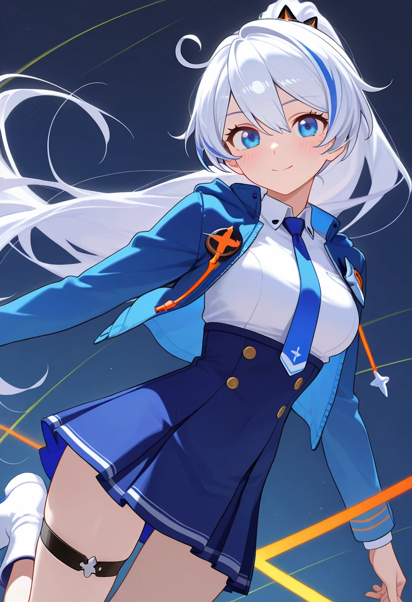 Swarthy, long white ponytail, blue eyes, short white top, medium breasts, open clothing, short blue skirt, white stockings,
full-length