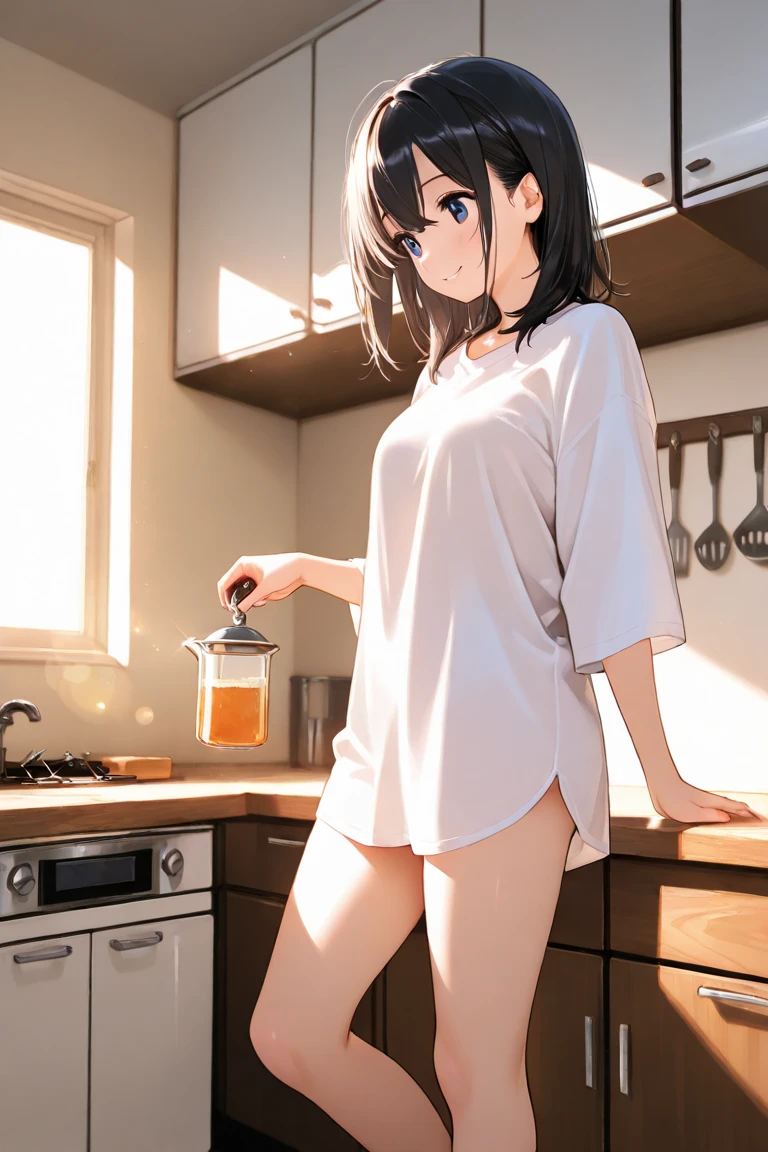 1 girl, (((naked))), (((visible pussy))), ((sitting having breakfast in the kitchen)), ((transparent seat)), ((seen from below)), (((NSFW)))