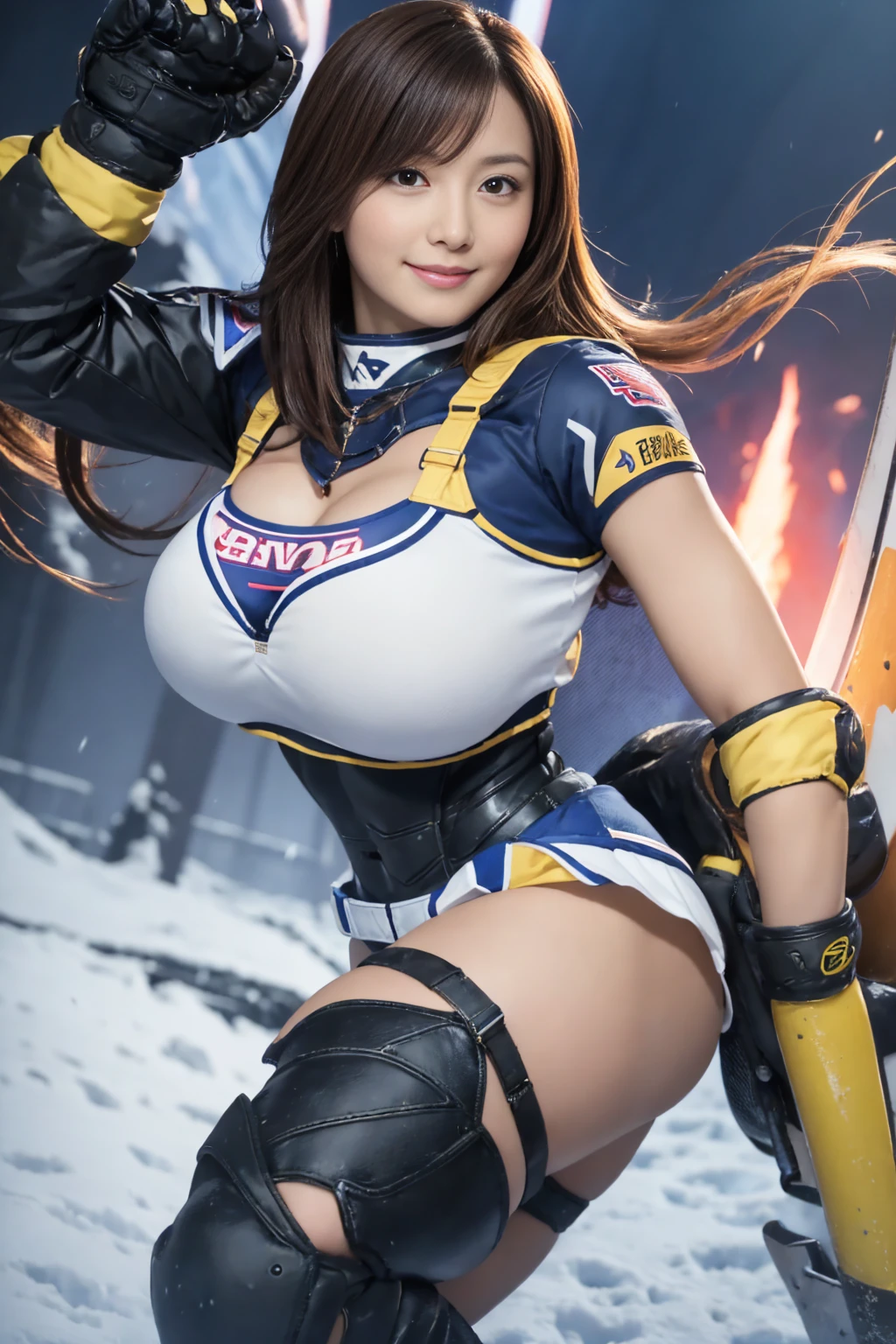 1 female,black hair,25 years old,(((Shiny race queen uniform with exposed belly button)))(((blush、open mouth smile)),(((straight hair))),,,(wet with sweat)(leather thigh high boots)(((beautiful breasts)))