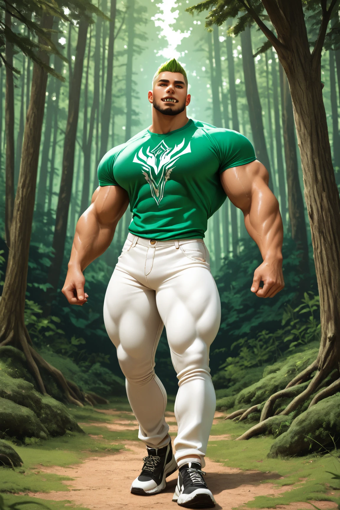 Amidst a forest backdrop, the colossal figure of Wolverine towers over the landscape. His bulging, rippling muscles are on full display, with his massive biceps flexed, showcasing the defines veins and sinew beneath his golden brown skin. Each massive foot stomps the ground, leaving an impression in the earth as deep as his legend. The forest is bathed in the golden hues of the setting sun (1:2), casting long, dramatic shadows that accentuate every muscle and crevice of his formidable physique. Wolverine's piercing green eyes gleam with an intensity that could ignite the forest around him. His wild, dishe