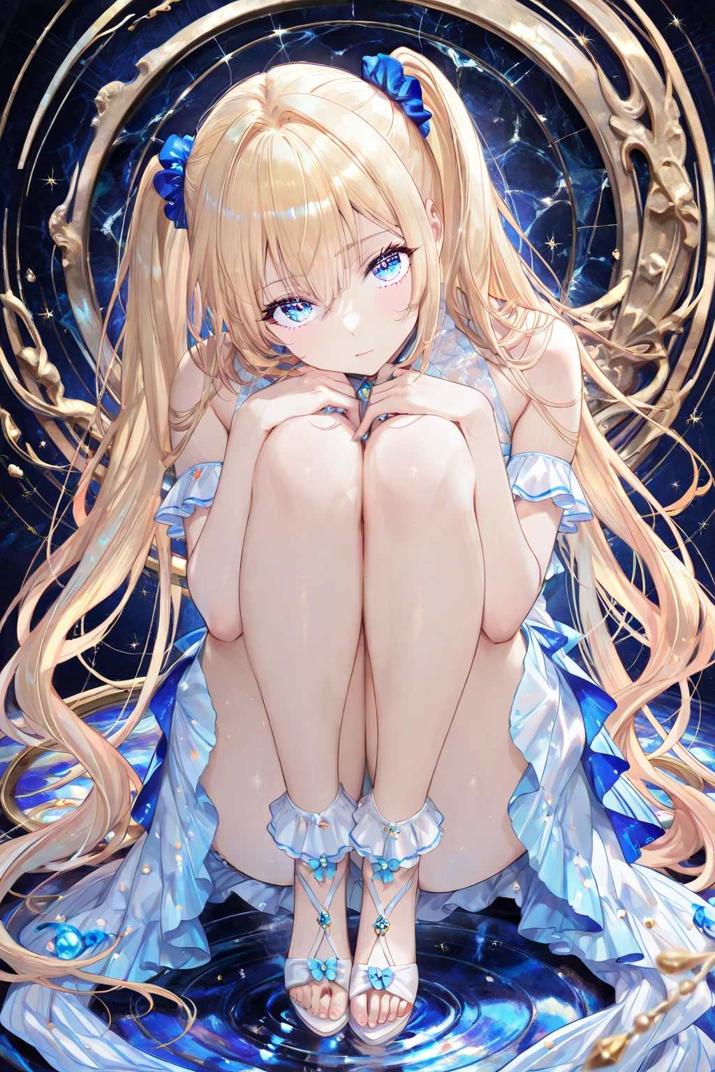 ((Highest quality、High resolution))、Beautiful woman、Perfect body、Beautiful and bountiful breasts、(tits、Nipples、Pussy、Love juice、No panties)、long blond、bangs、Blue and white、Embellished blue sexy dress、skirt、((Having sex、rape、A woman being raped by tentacles、Tentacles bind the limbs))、Outdoor Scenery、((Frightened expression))