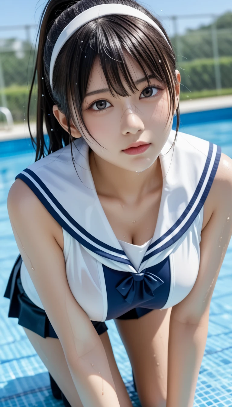 selfie, ((beautiful anime eyes with fine detail)), (((very cute, 1girl))), ((solo)), ((17 years old)), (big breast:1.8), nsfw, ((beautiful anime eyes with fine detail)), (smile:1.3), realistic skin, ((((sailor suit)))), ((suit lift)), ((showing nipples)), (Navy blue pleated mini skirt), The sea shining like a jewel, ((be soaked in water))