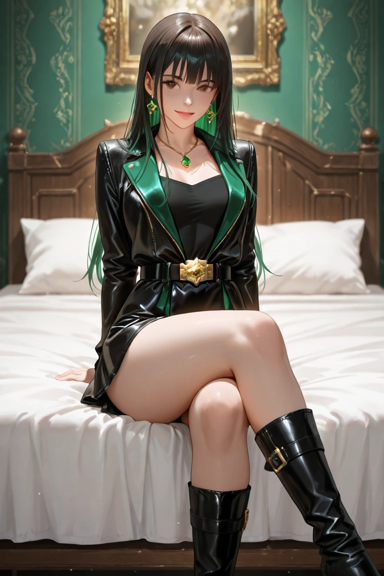 ((Fubuki) ) hero alias Blizzard de One Punch Man sexy ((lleva un vestido largo pierna descubierta verde oscuro ajustado cuello de tortuga))tiene un saco de piel de oso, collar de perlas, ((imagen cuerpo completo)), que parezca un render de z brush, 8k