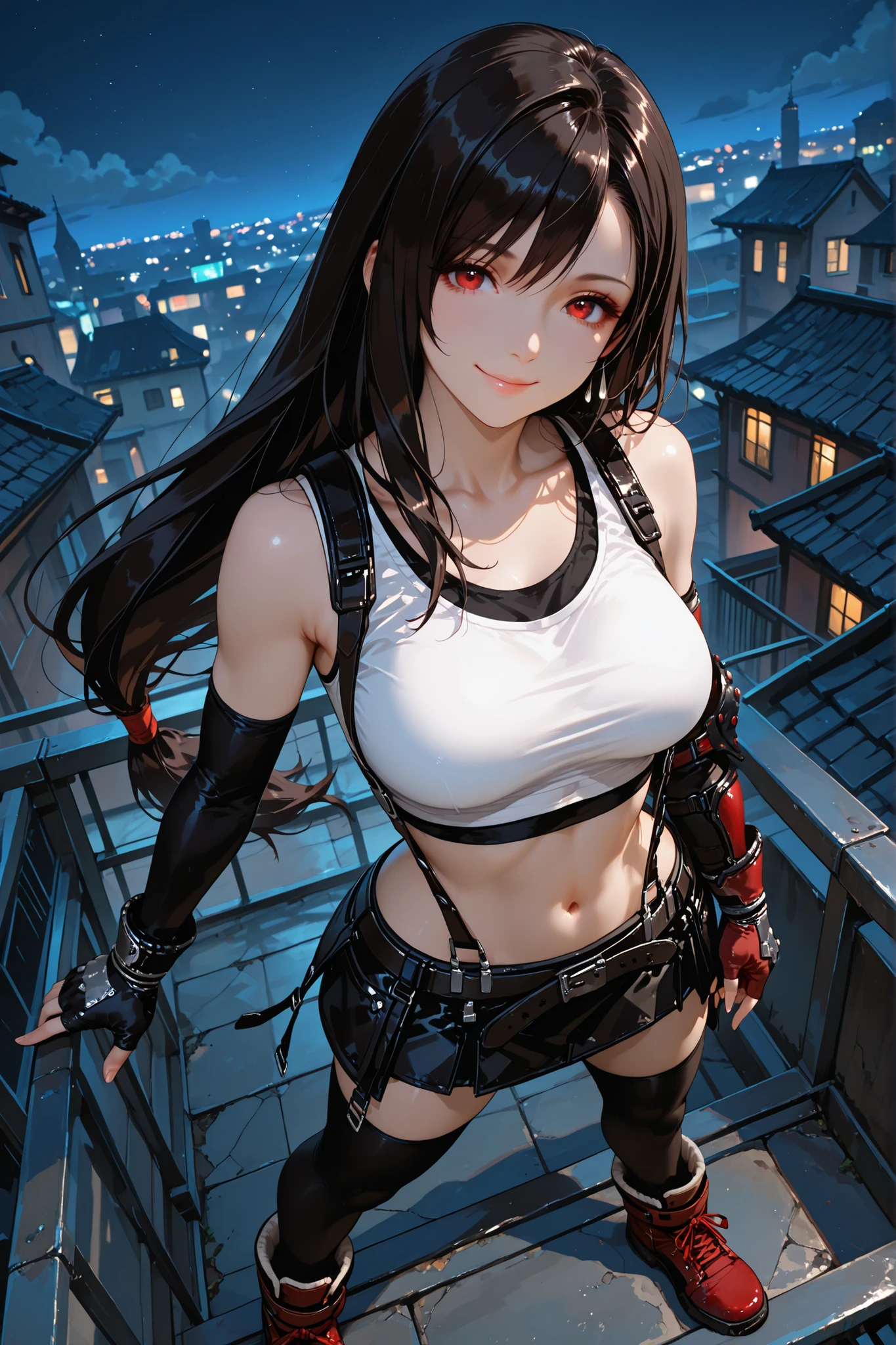 1girl, tifa lockhart, red eyes, long hair, crop top, suspenders, white tank top, suspender black skirt, elbow gloves, midriff, fingerless gloves, navel, bare shoulders,black thighhighs, red footwear, outdoors, standing, on roof top, night, looking at viewer, detailed hands, attractive, seductive, wry smile, sexy, dutch angle, dynamic pose, best quality, masterpiece, ultra detailed, very aesthetic