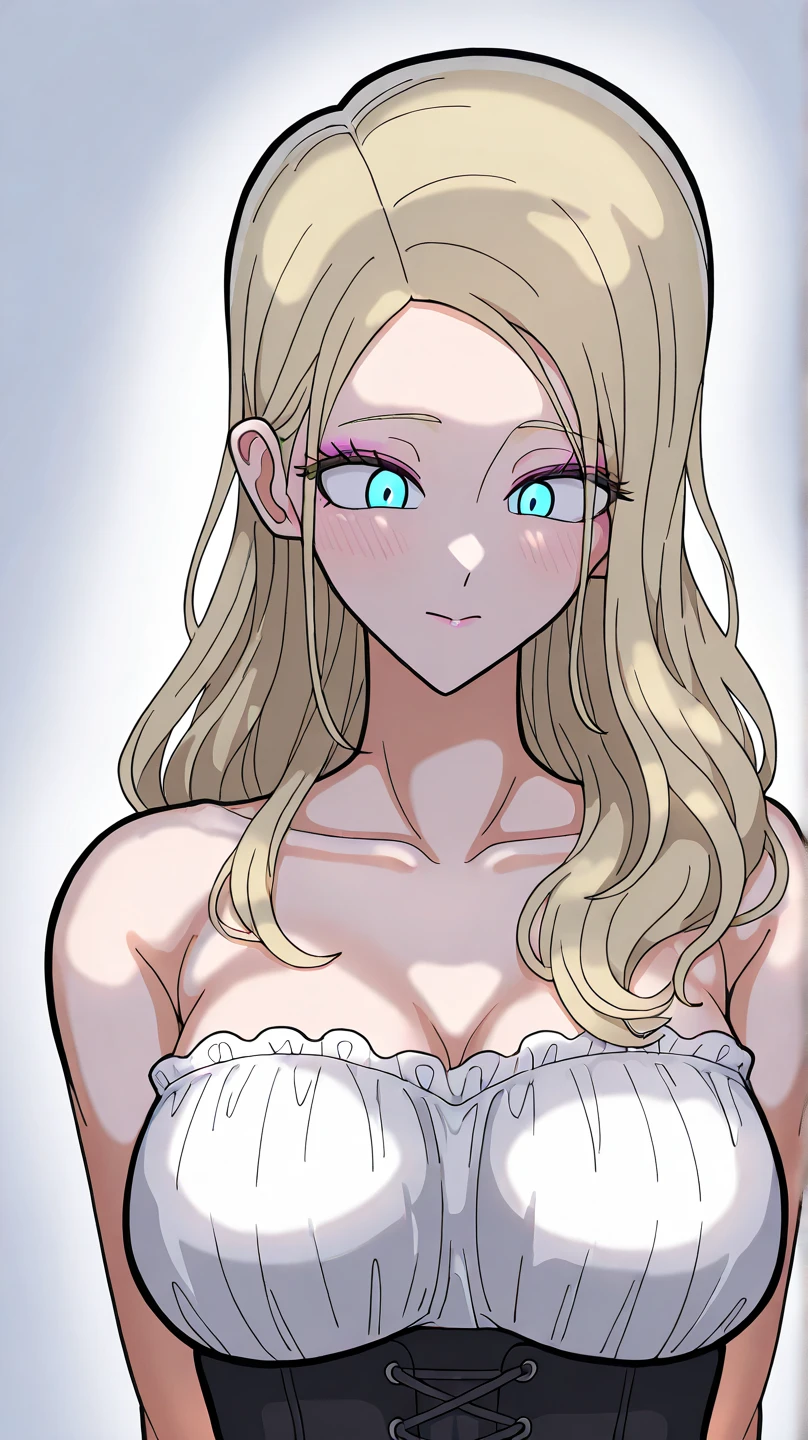 masterpiece, best quality,facing viewer, upper body,middle age female,Greek goddess's demeanor, melon seed face, ((slender eyes)), mole under eye,brown eyeballs, thin lips, blonde hair, very long hair, closed mouth and smile,40 year old, self-portrait, Simple background,white dress,