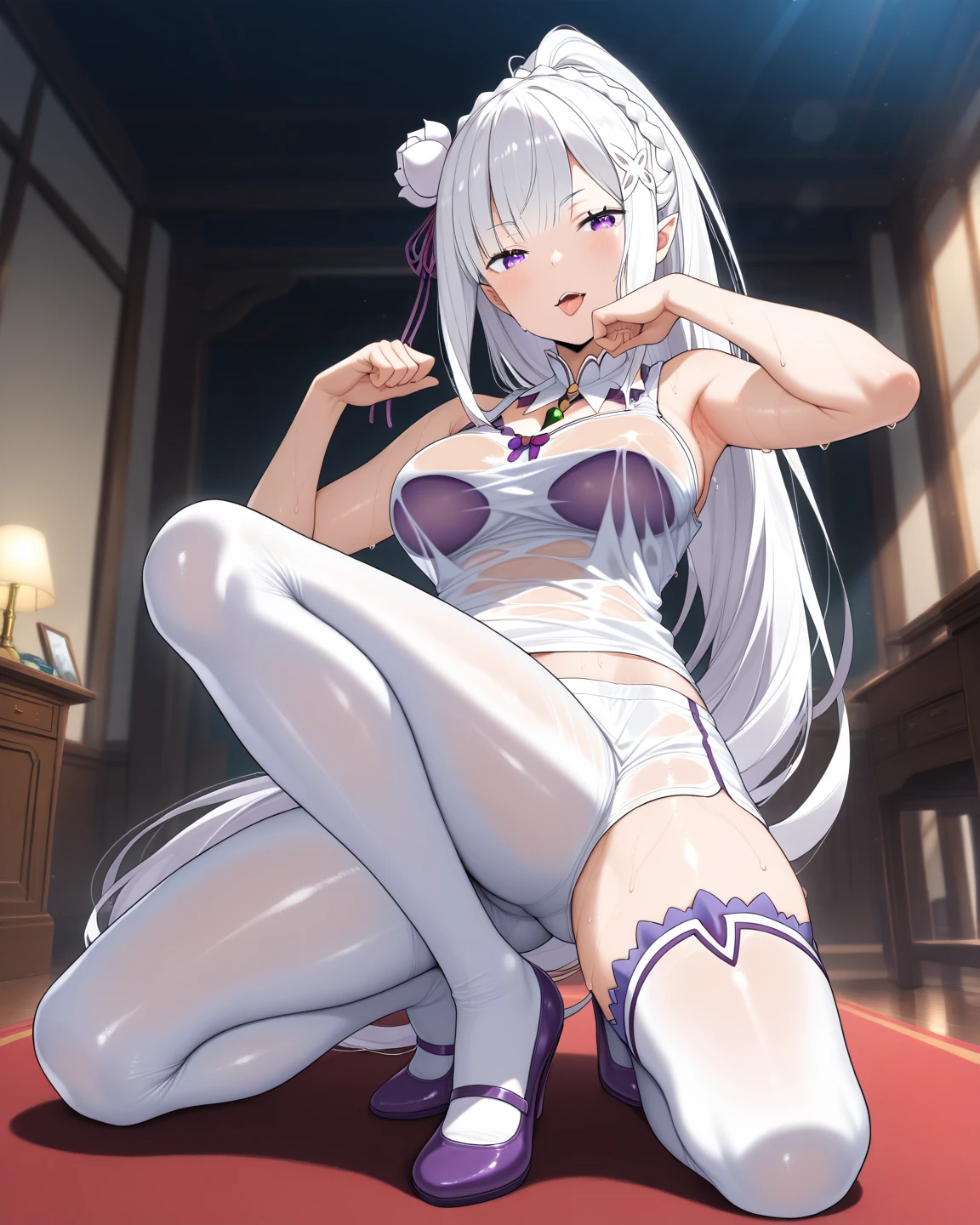 1girl,20s,solo,white short dress,white hair,long hair,elf ears,horns,white pantyhose,cleavage,closed eyes,((lying down, on the carpet)),smile,happy,o:,