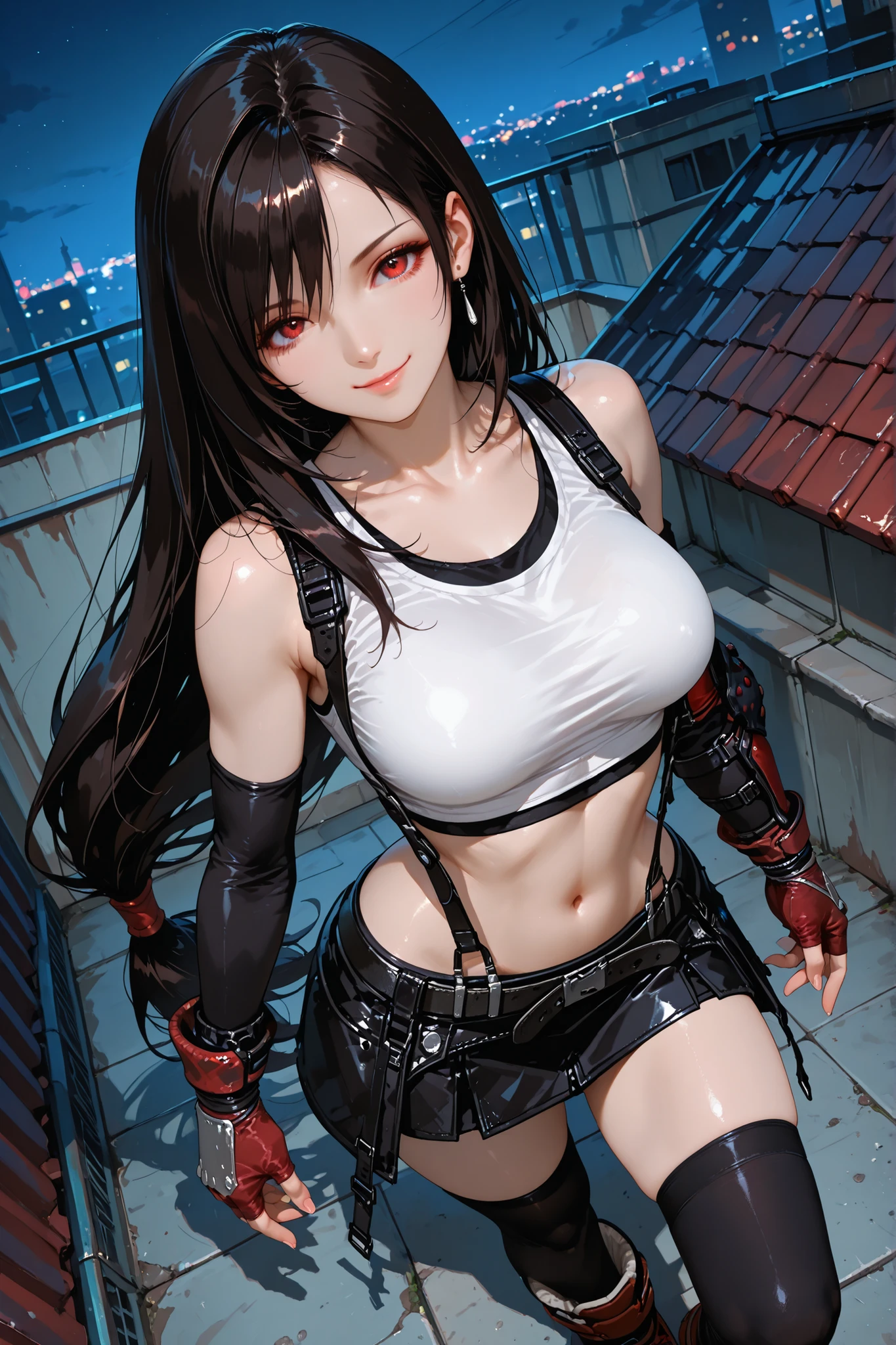 1girl, tifa lockhart, red eyes, long hair, crop top, suspenders, white tank top, suspender black skirt, elbow gloves, midriff, fingerless gloves, navel, bare shoulders,black thighhighs, red footwear, outdoors, standing, on roof top, night, looking at viewer, detailed hands, beautiful hands, attractive, seductive, wry smile, sexy, dynamic angle, dynamic pose, best quality, masterpiece, ultra detailed, very aesthetic