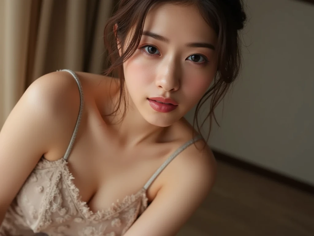 1 Female, Close-up of face, Medium chest, Light brown hair, Blunt bangs, Hair behind the ear, Hair that falls over the shoulders, Long Hair, Slim figure, Ultra Fine Face, Thin face, Delicate lips, Beautiful Eyes, Light blush, eyes are light brown, Perfect glowing skin, Perfect Skin, Shining Sweat,Have a look at this, Ultra-thin needle, Very thin fingers, The optimal ratio is four fingers to one thumb, (Realistic:1.3), Broadleaf Forest, First Person View, Super detailed, high quality, 最high quality, High resolution,Big Breasts、Deep cleavage、
