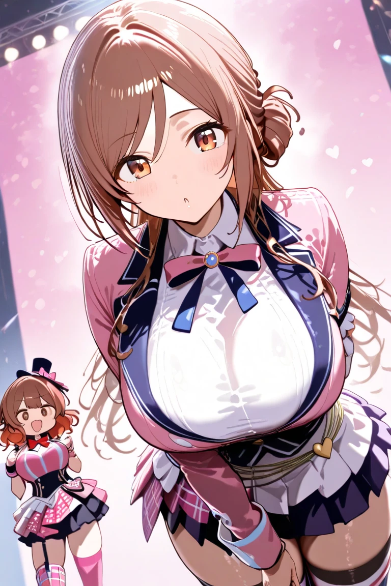 (sexy mature european woman, gentle smile:1.5) 、(huge breasts、cleavage、 pink good、brown hair:1.5)、random pose、masturbation、