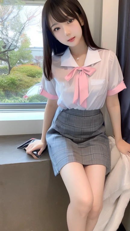 wearing short skirt、Alafid asian woman wearing bow tie sitting on train, cute schoolgirl, japanese schoolgirl, wearing japanese school uniform, japanese school uniform, a hyperactual schoolgirl, Dress up as a schoolgirl, hyperactual , Wearing school uniform, actual , girl wearing, Wearing school uniform, A pose, whole body, good skin, glowing skin, beautiful thighs,glowing thighs, Glowing legs, (best quality, 8k, high resolution, lifelike:2.0), (alone, a girl:2.0),(light: front),(light: strong),(ultimate beautiful girl:2.0),(very muscular girl:1.5),(shiny skin:1.5),(oily skin:1.5),(platinum blonde:1.5),blush brown makeup , (big eyes girl:1.5),(Emphasize cleavage),((big breasts)),(Slobber),(Fully open your thighs to the audience:1.6),((Astonishing)),((Lie on your back on a clean bed,lean on a big pillow.)),(spread your legs to:1.5),(Open your thighs boldly:1.5),(Spread your legs boldly:1.5),(ordered to spread legs:1.5),(Providing sexual services to viewers:1.2),(Have a good attitude towards the audience)