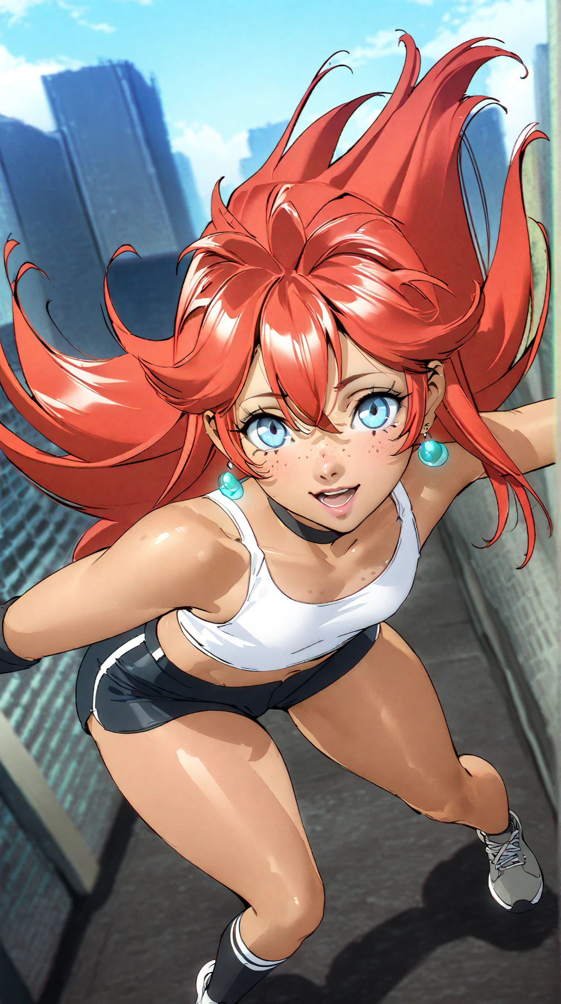 masterpiece,best quality,amazing quality,very aesthetic,absurdres, newest, anime coloring, 2d, anime style,
1girl, jewelry, earrings, piercing, black choker, (from above:1.1), smile, open mouth, teeth, blush, looking at viewer, dynamic pose,
Flatline, Flat vector illustration, flat color, shiny skin, full lips, tan skin, small white tube top, flat chest, tight small shorts, bubble butt, athletic, slim, famous girl, RainbowFoxPDXL, sunny day at city, CyberRealistic_Negative_PONY_V2, ulyana, long hair, red hair, blue eyes, face freckles, body freckles, bangs, hair between eyes, straight hair,