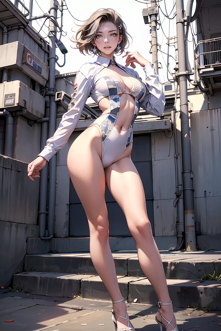 female,20 years old,(full body portrait:1.2),(Slender body proportions), (best quality, 4k, 8k, high resolution, masterpiece:1.2), Super detailed, (actual, realistically, realistically:1.37), moody gestures, western metal, Breasts are of medium size, happy expression, Sports shoes for sports students