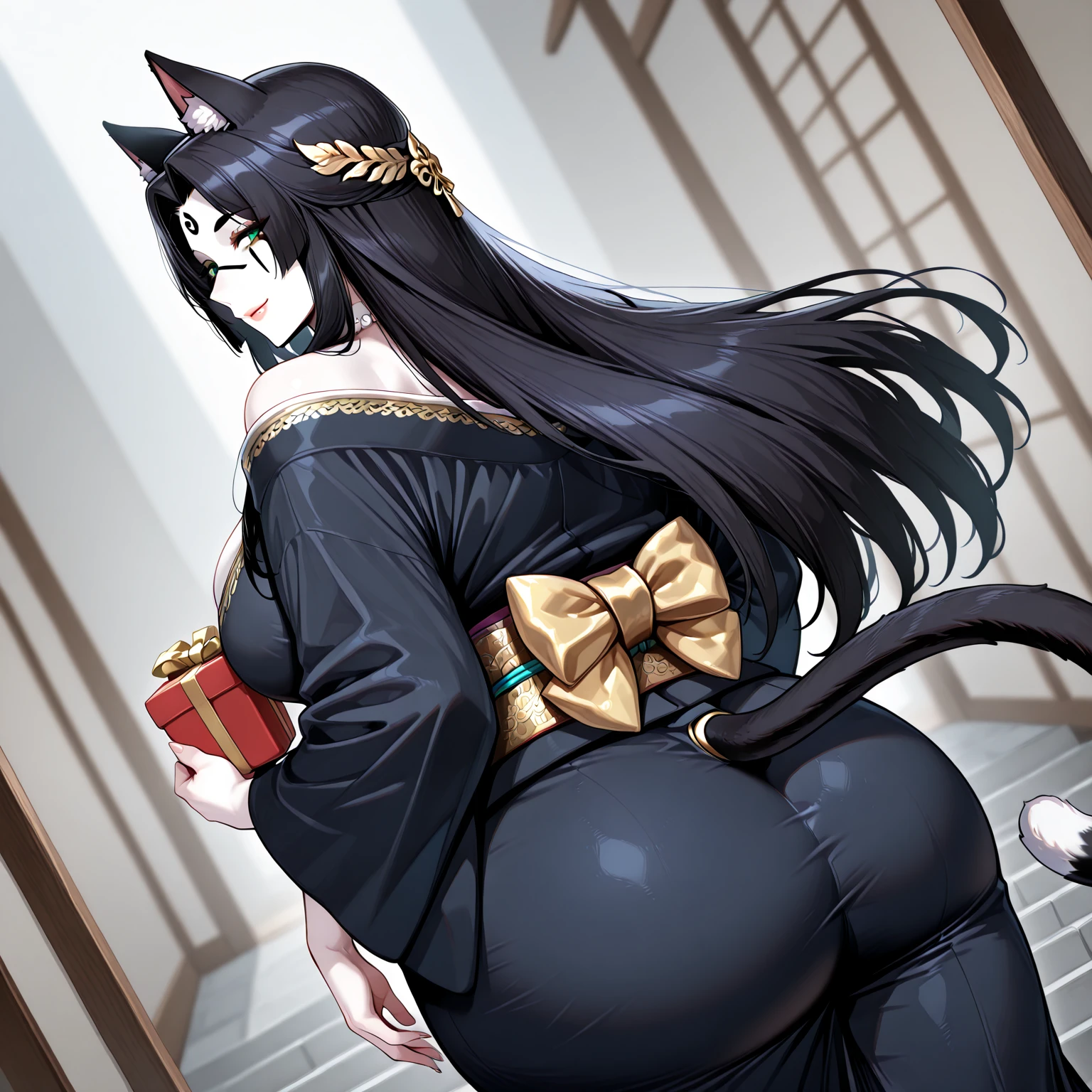 best quality, masterpiece, 1girl, raytracing, ultra detailed,detailed face, 8k wallpaper, (wide hips:1.2), Kuroka_NDV, 1girl, black hair, large breasts, long hair, cat ears, multiple tails, yellow eyes, japenese clothes, cleavage, kimono, makeup, outdoor, smile,