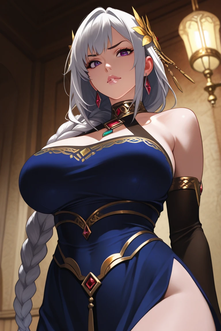 Lian, long white hair, single hair bun, hair stick,bangs,blue eyes, solo, smiling, standing, upper body, hips, bare shoulders,purple thighhighs,red dress, gold jewelry,armor,gloves,circlet, cleavage, red and gold royal castle, gigantic breasts, (best quality, masterpiece, beautiful and aesthetic:1.2, highest detailed face, perfect face,) eyes, perfect face,expressive eyes,
looking at viewer, in the center of the image,(Upper_body),(Focus on her face),
official art,extremely detailed CG unity 8k wallpaper, perfect lighting,Colorful, Bright_Front_face_Lighting,shiny skin,
(masterpiece:1.0),(best_quality:1.0), ultra high res,4K,ultra-detailed