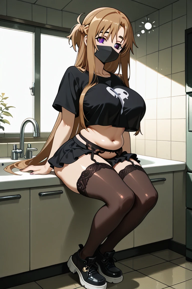 brown hair, brown eyes, long hair, looking at viewer, solo,forehead,(absurdres, 8k, 4k, masterpiece, hyper extreme detailed:1.2), solo, 1girl, front view, perfect face, 1girl, looking at viewer, solo, Female, toned body, mature female, large breasts, pale, , long hair, swept bangs, athletic body,perfect anatomy, bound, bondage, (arms behind back:1.4), (bdsm, tape gag, tape, tape bondage, restrained, best anatomy, tape wrapped, wrap gag, tightly bound, tape wrapped around face, tape above breasts, tape below breasts, tape gag, long hair, tape between breasts, taped forearms, taped elbows, taped abdomen, taped nose, taped between arms, NinymGP, garter straps, sideboob, thighhighs )