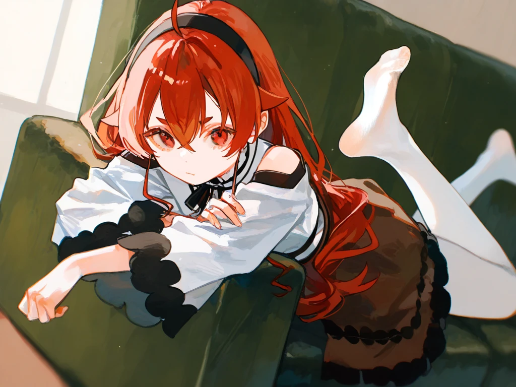 Ginger anime girl in dirty stockings looking down at the viewer with her foot extended to the viewers face