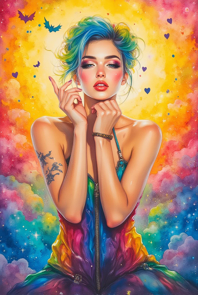 (master part), (best qualityer), (super verbose), (disheveled hair), (illustration), (A girl), (Trendy clothes), standing, model fashion, recipiente, (interview), (simple background), Finely Beautiful Eyes, delicate and beautiful face, floating, (high saturation), (colorful splashing), colorful bubble, (melhorar), Facial Focus, hypdertailed, hair light blue, bangss, hair rings, floating flowers, floating hairs, (glimmering), better lighting, better shadows, (((artistic nude, whole body)))