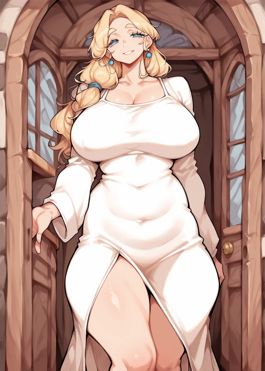 Helga, huge breast,, full body, caveman tribal cloths long skirt, closed vest, closed pullover ,smile