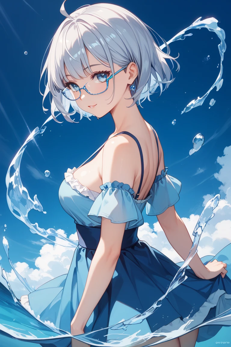 1girl, masterpiece, ((skinny girl, skinny arms)), ((dark eyeliner)), best quality, realistic face, black and blue hair with bangs and ponytail, large glasses, , , , green eyes, nose ring, chubby cheeks, long nose, low nose, high lips, dark eyebrows, ((trad blue and grey sundress)) thunderstorm background, ((raining)), ((golden hour lighting)), back porch background, dancing pose, big smile, w3t
wet top, wet hair