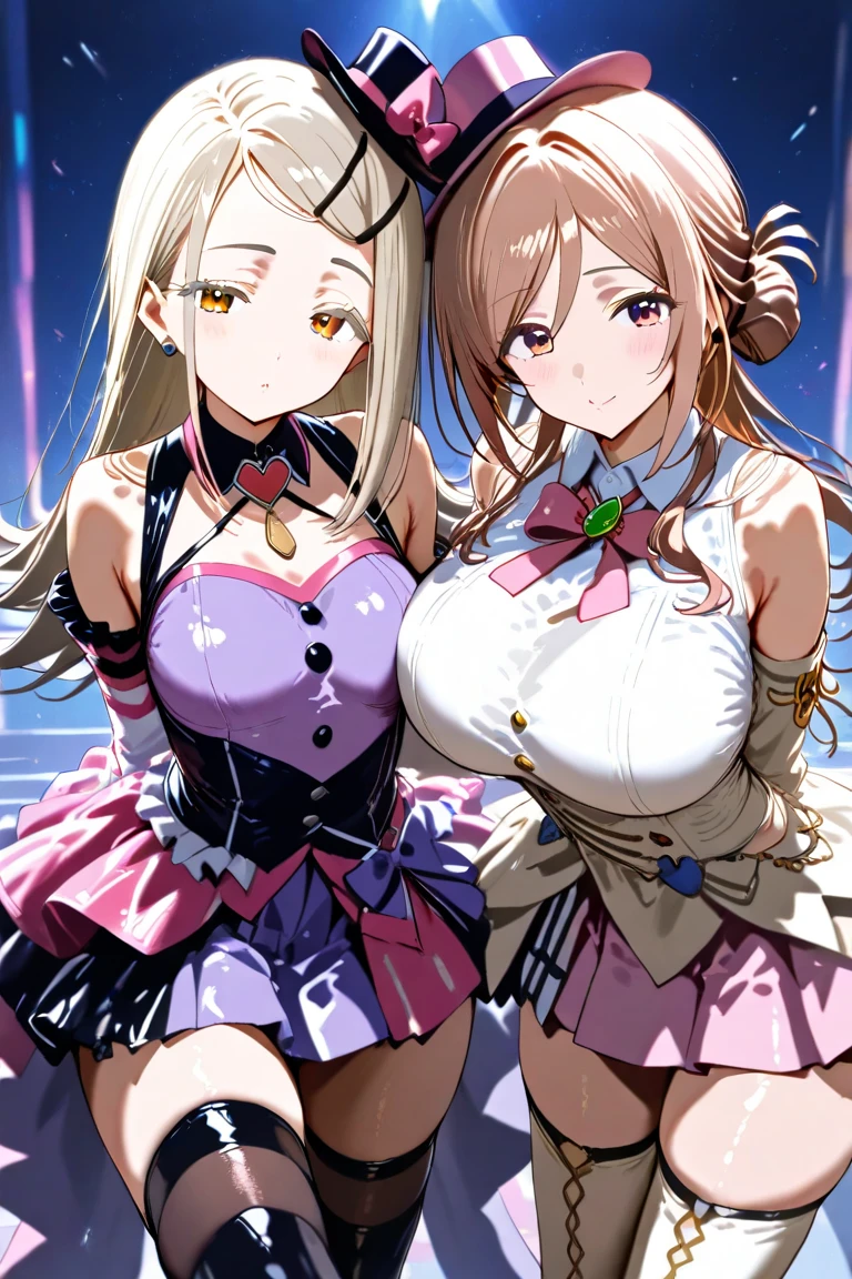 (2 young girls with long hair, Beautiful face and eyes and eyeliner,A delicate little face, pink eyes, Charming smile, (Maid cafe outfit with frilly, Sheer pleated mini skirt:1.5), (Transparent maid cafe costume with large open breasts and hollow:1.2), Sexy transparent underwear,Show belly button, Revealing sexy transparent white panties (very pretty girl), brown hair, Fashion hair accessories quality:1.4), (Extremely detailed),Pendants and earrings、 (Extremely detailed CG unified 8k wallpaper), Very detailed, High-resolution original color photos, Professional photography, Depth of Field, (view from below),