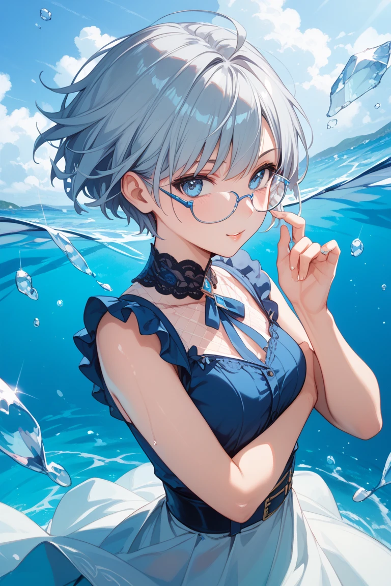 Lots of swimsuits、people、in the center((Bluish silver bob))) Square frame glasses、 (((Sparkling blue eyeid-chest)Separate swimsuit))(Background sunset beach)
