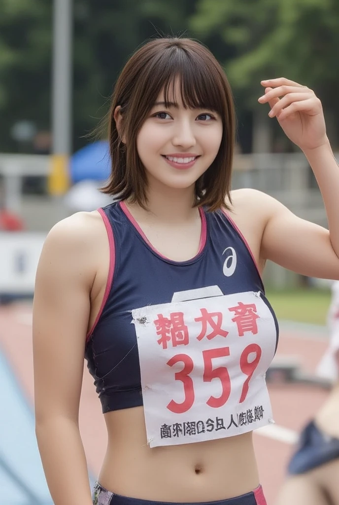 (masutepiece:1.3), (8K, Photorealistic, Raw photography, Best Quality: 1.4), japanse, Beautiful face, (Lifelike face), (Short-cut hair:1.3), Realistic eyes, Beautiful eyes, (realskin), Beautiful skin, Ultra high definition, Hyper-realistic, hight resolution, beautiful japanese female, (Athletics stadium at night, Land Track:1.5), track and field, (Show the armpits:1.4), (Hands behind the head:1.2), Smile