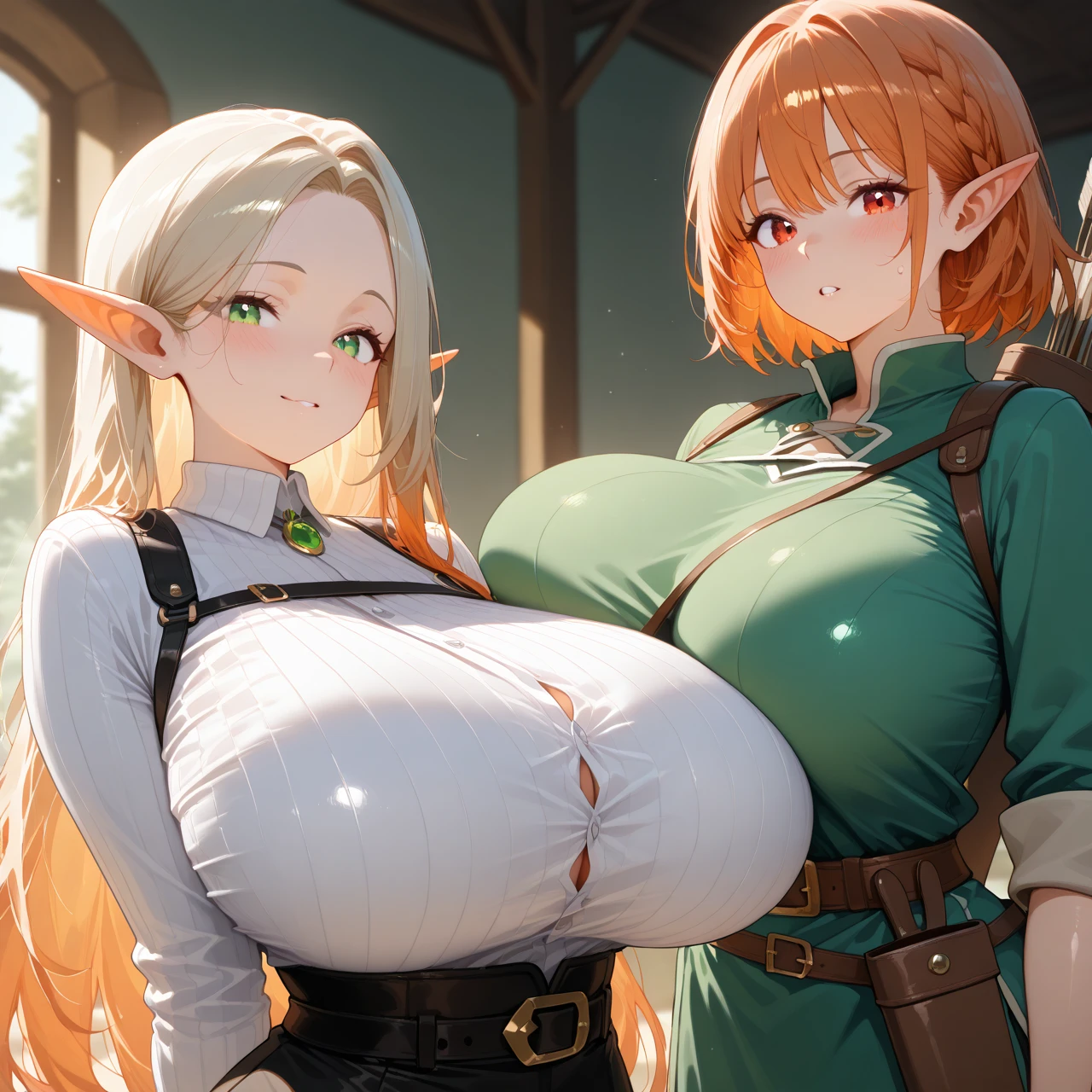 Score_9, score_8_up, score_7_up, score_6_up, score_5_up, score_4_up, beautiful girls, detailed eye, Masterpiece, 2women, group photo, hairy armpit hair, sagging gigantic huge breasts, glamor, gigantic thick hip, sleeveless, smile, In village, in forest, 8k, ultra HD, dark areolae, dark nipple, princess Zelda, blonde, see-through dress, reality, detailed face, detailed mouth, showing armpit hair, close up, upper body only, hairy pubic hair, makeup, hairy, pov, long eyelashes, blue eyes, realistic skin, natural lighting