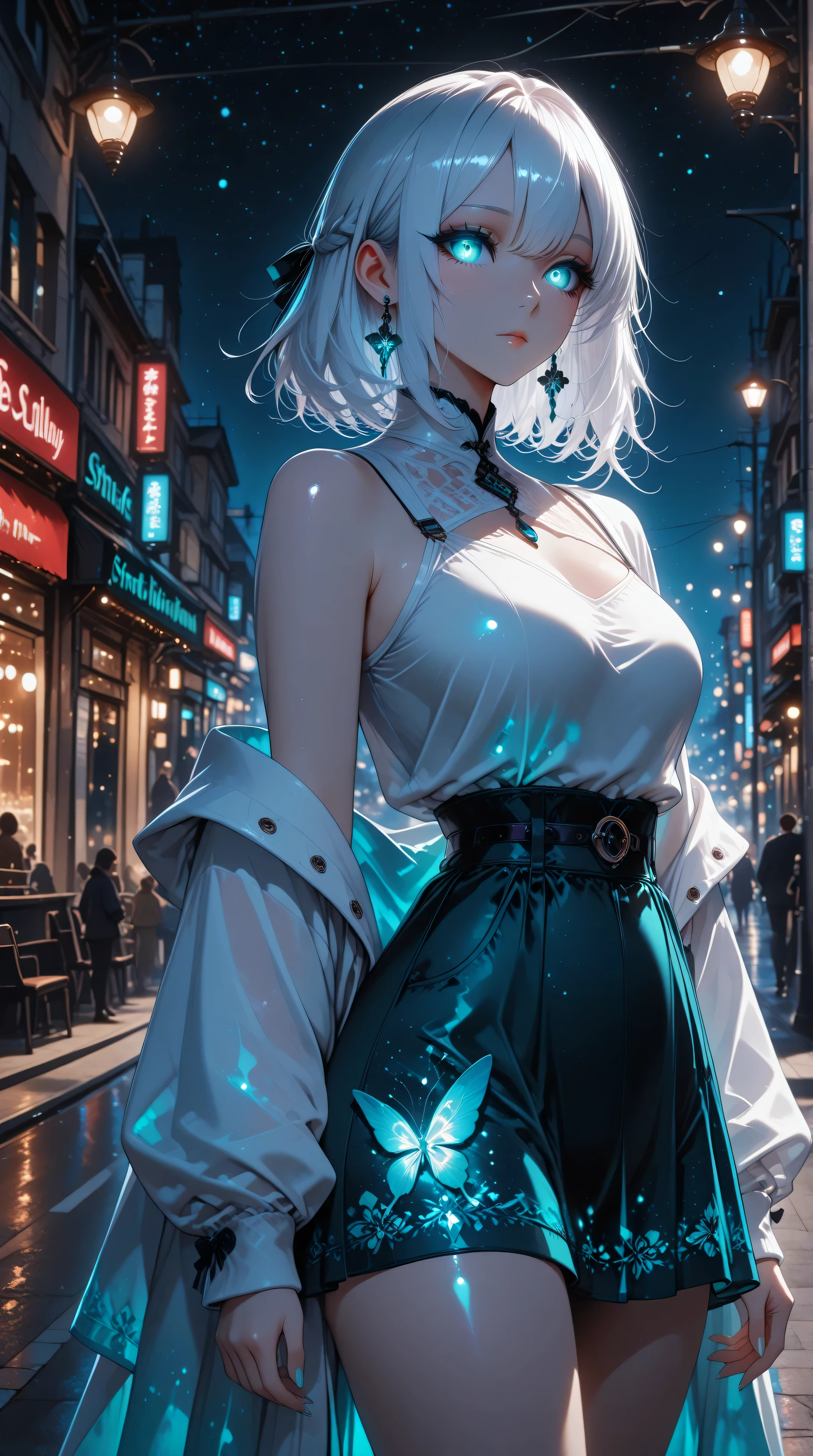 A beautiful adult albino woman with long white hair and glowing turquoise eyes, standing in a quiet park at night. She has a natural, warm skin tone and an elegant, thoughtful expression, as if she's waiting for someone. She's wearing stylish casual clothing suitable for evening. The park is dimly lit with streetlights casting soft glows, and the night sky is visible. The mood is calm, mysterious, and slightly romantic,