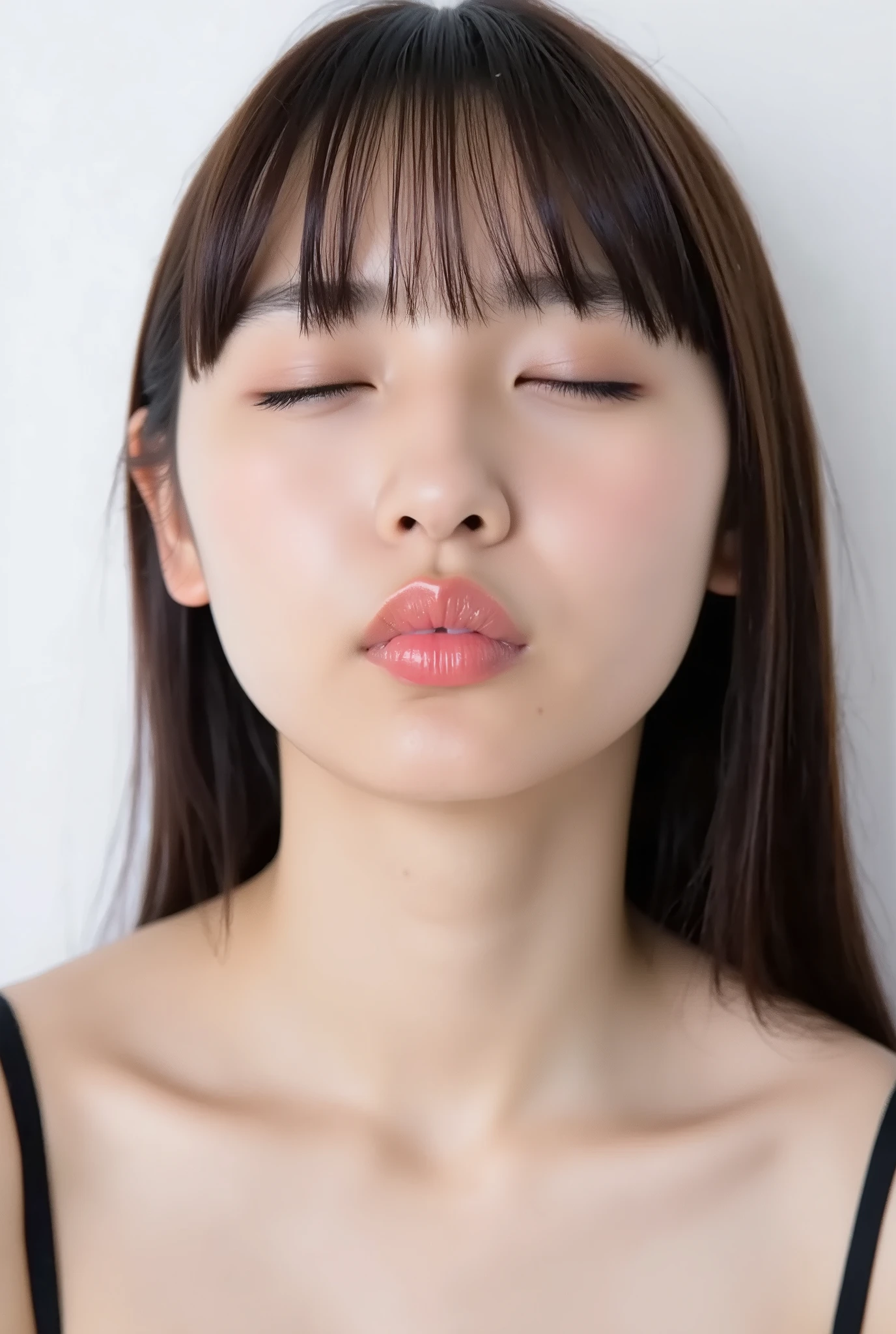 ultra-detailed close-up of a beautiful modern girl, collarbone-up composition, white studio background, soft natural lighting, soft focus on background, 
camera angle slightly elevated (about 60 degrees), subject's chin gently raised, head and face facing forward, body posture suggesting slight tiptoeing, 
eyes gently closed, dreamy and euphoric expression, cheeks and ears flushed with bashful blush, lips tightly puckered and strongly protruding, 
mouth forming a rounded "O" shape like whistling or blowing a kiss, kissy lips, extremely glossy and moist lips with shimmering highlights, 
natural-looking shiny lip gloss as the only makeup, skin is matte with visible peach fuzz and realistic pores, 
subtle facial contour blur to guide viewer’s gaze toward lips, cute and soft dere-dere mood, 
deeply affectionate smile while puckering, hands behind the back and not visible, black camisole straps slightly visible, 
overall overflowing with affection, adorably seductive and shy charm, longing and dazed joy, subtly coquettish expression, 
no vintage look, fully modern skin tone, hair texture and color corrected to current aesthetic standards
