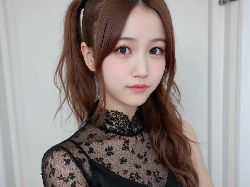 Tabletop、(masterpiece:1.3), (8k, Photorealistic: 1.4, RAW Photos, Best image quality: 1.4), Japanese Idols、Super detailed face、Attention to detail、Genuine、 double eyelid、Big and attractive eyes,Perfectly beautiful eyes、 Sharp focus:1.2、Beautiful woman:1.5、Light blonde、 Highest quality、masterpiece、Ultra-high resolution、Depth of written boundary、Perfect Shadow、(Photorealistic:1.4)、 Highly detailed and professional lighting、Full body view、 Perfectly shaped、Symmetrical face、beautiful girl,Sharp focus, Perfect Anatomy,Moist eyes、Glossy lips、Realistic Light、Frilled dress、Kabukicho、Twin tail hair、big black ribbon in hair、