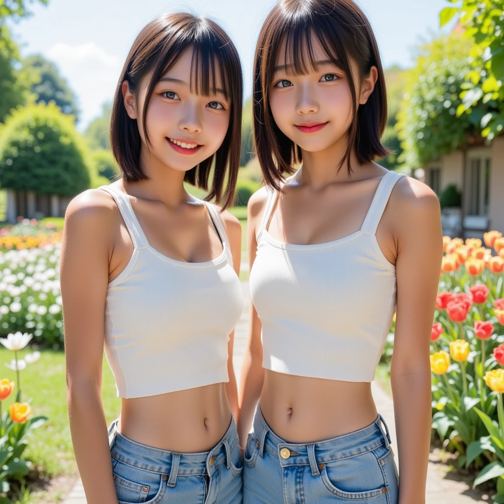 ((Highest quality)), ((masterpiece)), (be familiar with), Perfect Face, Japanese women,Big eyes, round face, smiling face,Short Hair,Large breasts, whole body,Tank top,Shorts