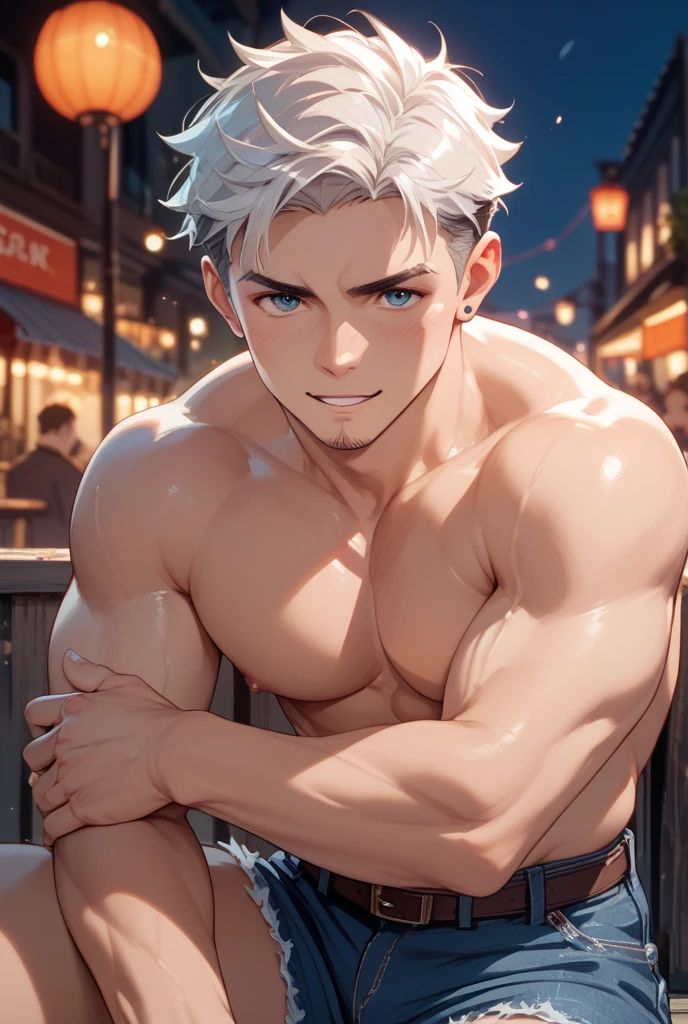 ((the best quality)), ((Masterpiece)), (details), perfect face, high definition, Masterpiece,4k,details clearly, Handsome face, white skin, perfect body, male body, strong muscles, abdomen, blue eyes, white skin, The most handsome man in the world, handsome, The coolest face, Male characters, close image (1man, shirtless), young man, mischievous smile, Extremely muscular tall man, open your eyes ((detailed eyes)), huge, muscular body and Massive, bulging pecs, muscular abs, narrow waist, short hair, blue eyes, delicate big eyes, carefree expression, clear face, handsome (detailed face, perfect face) ((extremely realistic shadows, bodybuilding posture, human, ((22-year-old young man)), V shape, athletic pants, athletic, Shirtless, Sunlight, Street, lower pants, topless, close up look, CG sense, Textured skin, the best quality, Storytelling images, lower your pants, show Panty line, Show your abs, show arm muscle, white hair, shining blue eyes, eyes contact