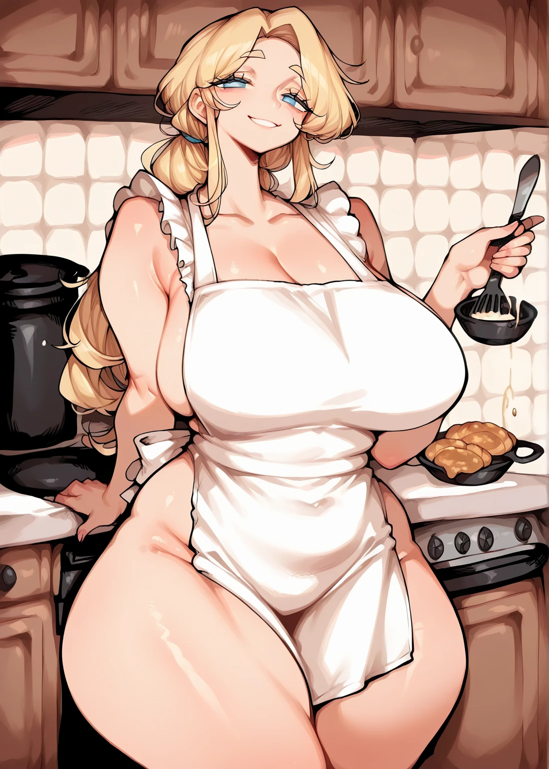 1girl, mount lady, boku no hero academia \\\\\ masterpiece, best quality, very aesthetic, absurdres, newest \\\\\\ sportive body, \\\\\\ by dodok, nyantcha, cutesexyrobutts, by khyle ///// blonde, purple eyes, , 24 years old,kitchen, wearing only apron, big tits, naked