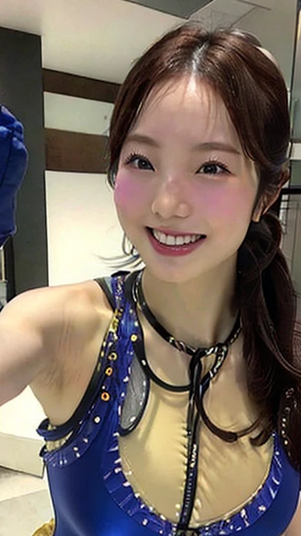 1 girl、whole body、smile、Lots of eyelashes、Add shine to your eyelids、skeletally correct、Various poses、indoor、(Full legs),Ultra-high resolution,High Detail,Brighten the shadow contrast,Facial lighting ,Cinema Lighting,masterpiece,Super detailed,high quality,16k,High Contrast, Swimsuit、On the bed、Spreading her legs、Showing off your crotch