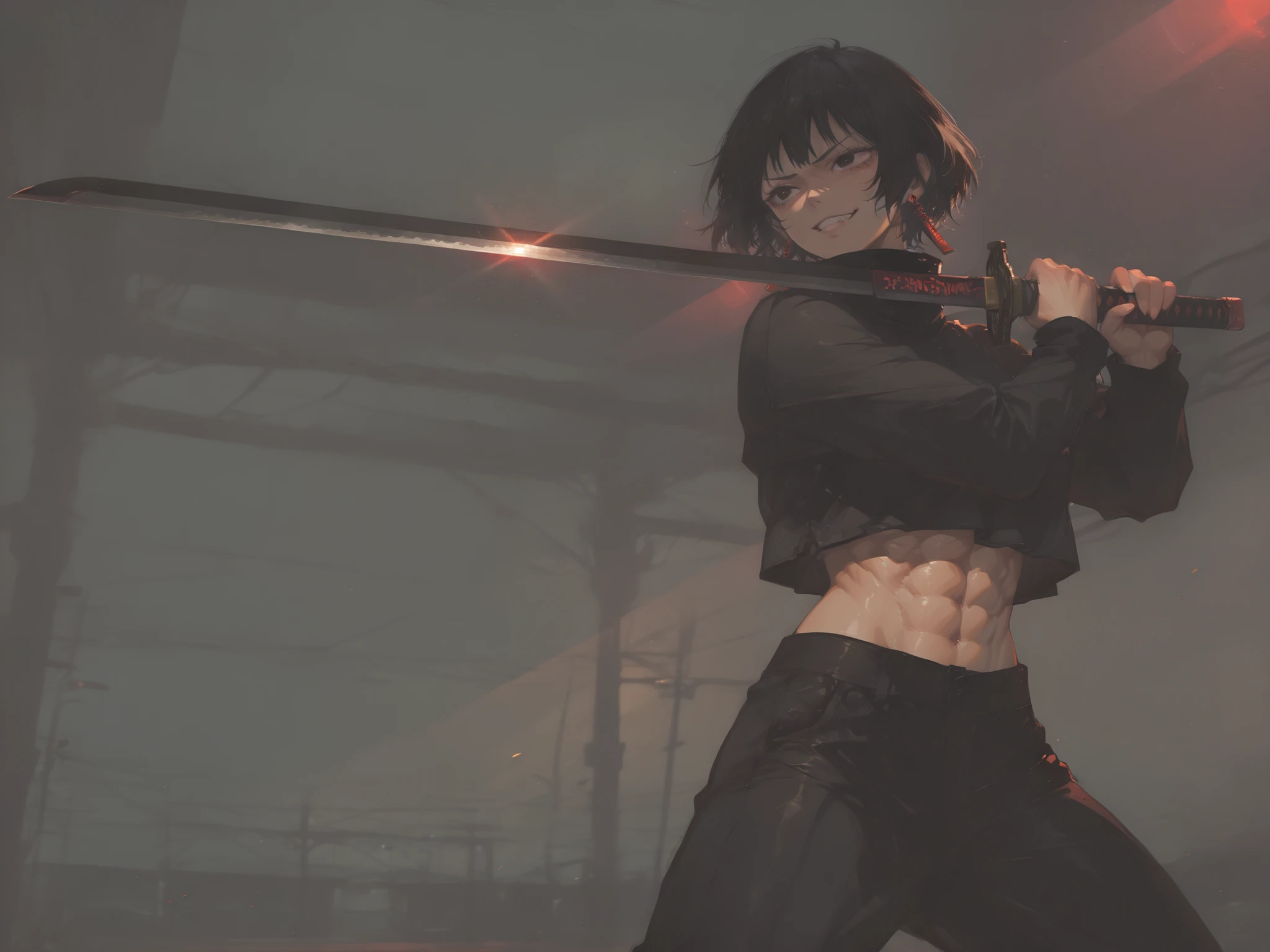 1girl, kagari hiyuki (kagurabachi), black hair, short hair, black eyes, big eyes, evil grin, long red earrings, black turtleneck, crop top overhang, black trousers, muscular, abs, cinematic angle, cinematic pose, fighting stance, (perfect hands:1.0),(masterpiece:1.3), (aesthetic lighting:1.3), holding massive sword, black executioner sword, sunrise stance