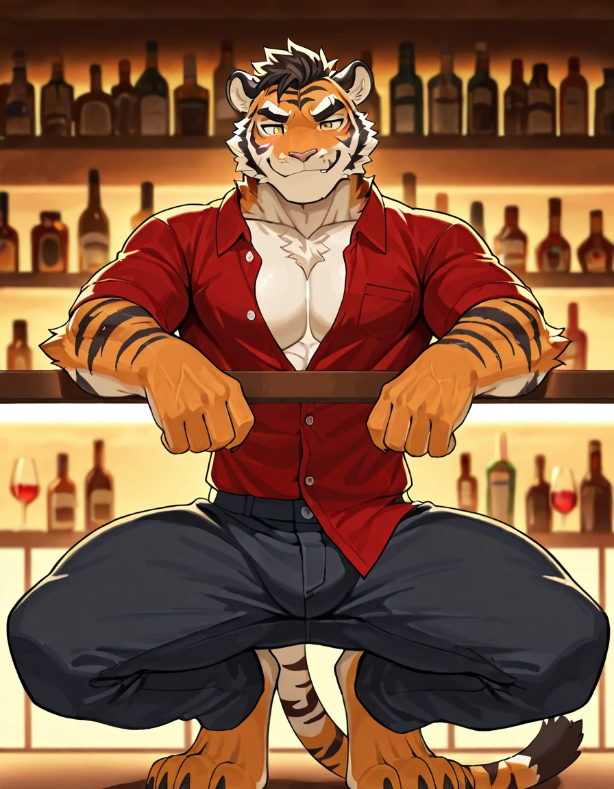 male, anthropomorphic, ((tiger:0.5)), tiger tail, muscular, (mid transformation:1.2), big penis, ((leaking penis)), hard penis, cum splattered wall, hands against wall, looking at viewer, panting, nervous expression, (human:1.2), magic circle, living room, black lights, night time, party atmosphere, spilled alcohol, <lora:LoraTransformationBY_transformation:1>, (by wfa), (by arashi takemoto)
