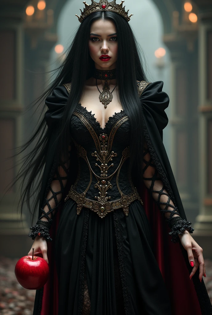 Girl,Black long hair，Black Queen，accessories，Apple in hand，Poison apples，Witch Queen，Red lipstick