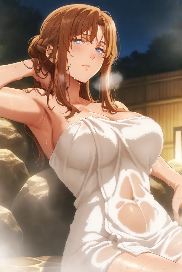 BREAK (masterpiece:1.2), best quality, high resolution, unity 8k wallpaper, (illustration:0.8), (beautiful detailed eyes:1.6), extremely detailed face, perfect lighting, extremely detailed CG, (perfect hands, perfect anatomy),onsen,hot springs,night,outdoor,moon,starfall,power_csm
blonde hair, yellow eyes, cross-shaped pupils, symbol-shaped pupils, red horns, sharp teeth,japanese dress,yukata,bathrobe,kimano,cleavege,neckline,choker,lace bra,nipples,sitting, spread legs, showing panties, camel toe,wet panties, lace panties, from above, bend over.
